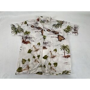 Pacific Legend Apparel Floral Hawaiian Map Button Up Shirt Mens Size XL White